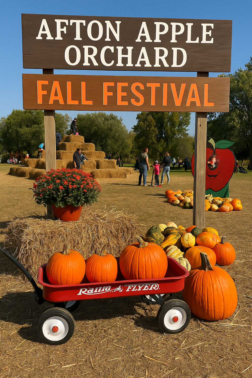 Families enjoying Afton Apple Orchard Fall Festival in Hastings, MN with apple trees, pumpkins, hayrides, and colorful autumn leaves under a bright fall sky.